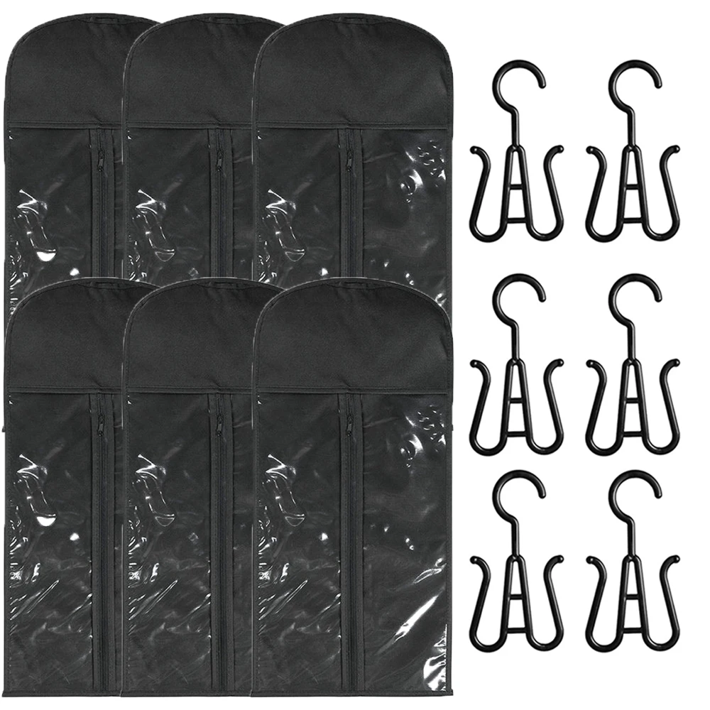 6/12PCS Black long hair extension storage bag  With Plastic Hanger Non-Woven Dust Proof Wigs Carrier Bags