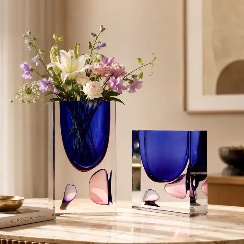 Klein Blue Glass Vase Nordic Minimalist Cube Crystal Cute Vase For Home Art Shelf Office Dried Flower Decor Wholesale Gift Study