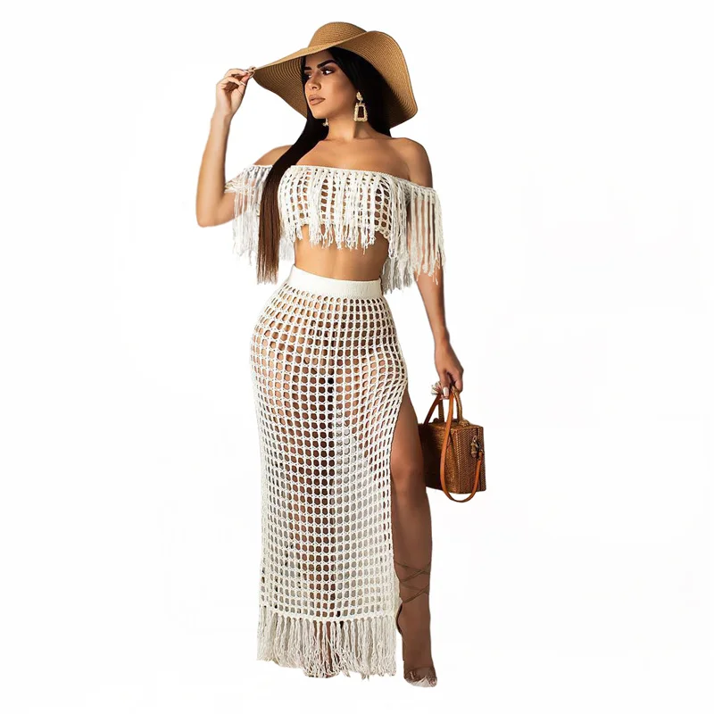 3 Cores Mulheres 2Pcs Beachwear Outfits Cor Sólida Oco-Out Tassel Off Ombro Cover-Ups Fenda Cintura Alta Sarong Saia Longa Set