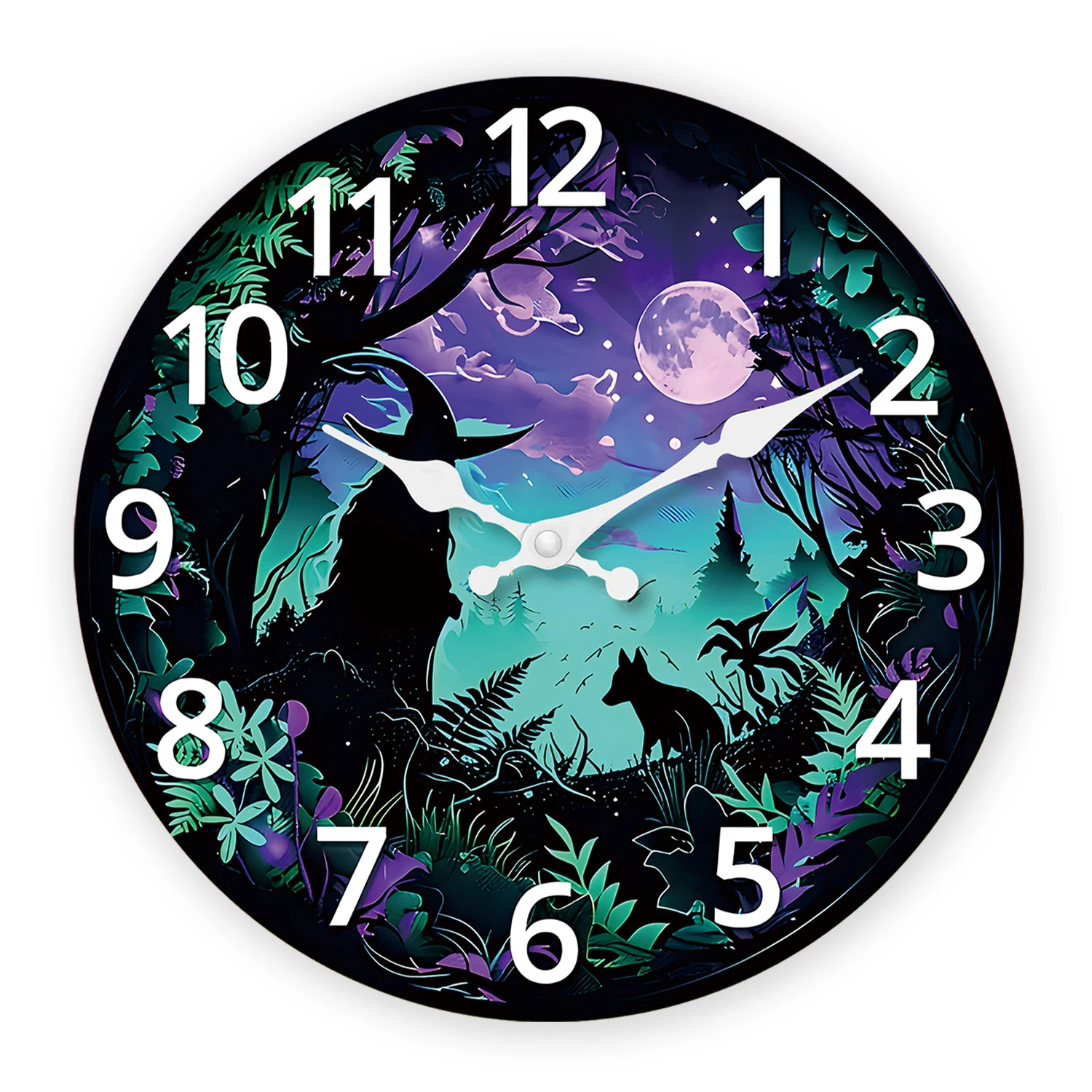 Dreamy and Unique Neon Forest Moon Pattern Wooden Wall Clock for Living Room, Bedroom, Kitchen, Home Decoration, Silent Quartz Clock, Holiday Gift, 10 Inches, 12 Inches, 14inch, 16inch (Battery Not Included)