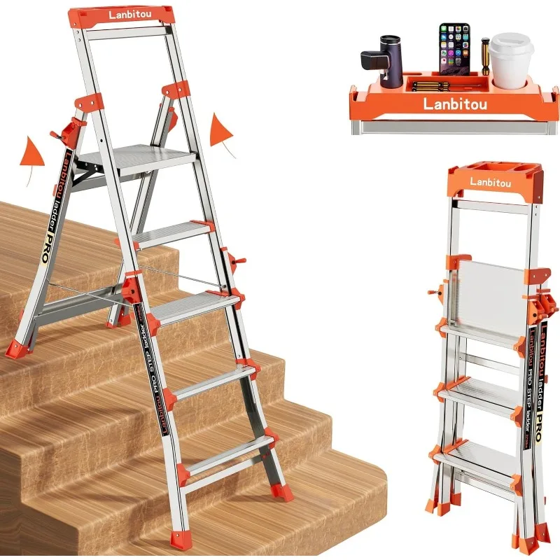 Aluminum 5 Step Ladder with Handrails, Anti-Slip Wide Pedal, Tool Platform, Folding Step Ladders