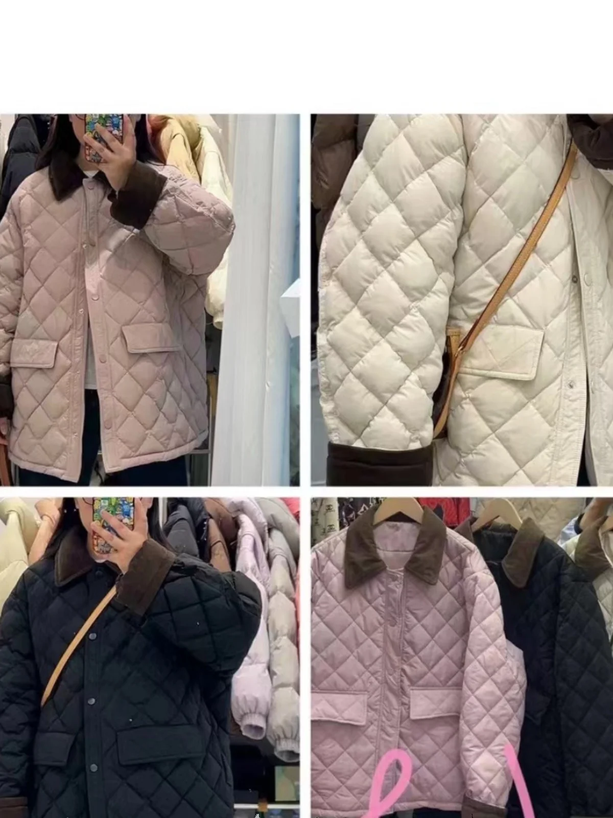 

Women's Loose Fit Thiened Cotton Jaet Retro Collar Diamond Pattern Warm Winter Coat Long Sve Collar Regular Length