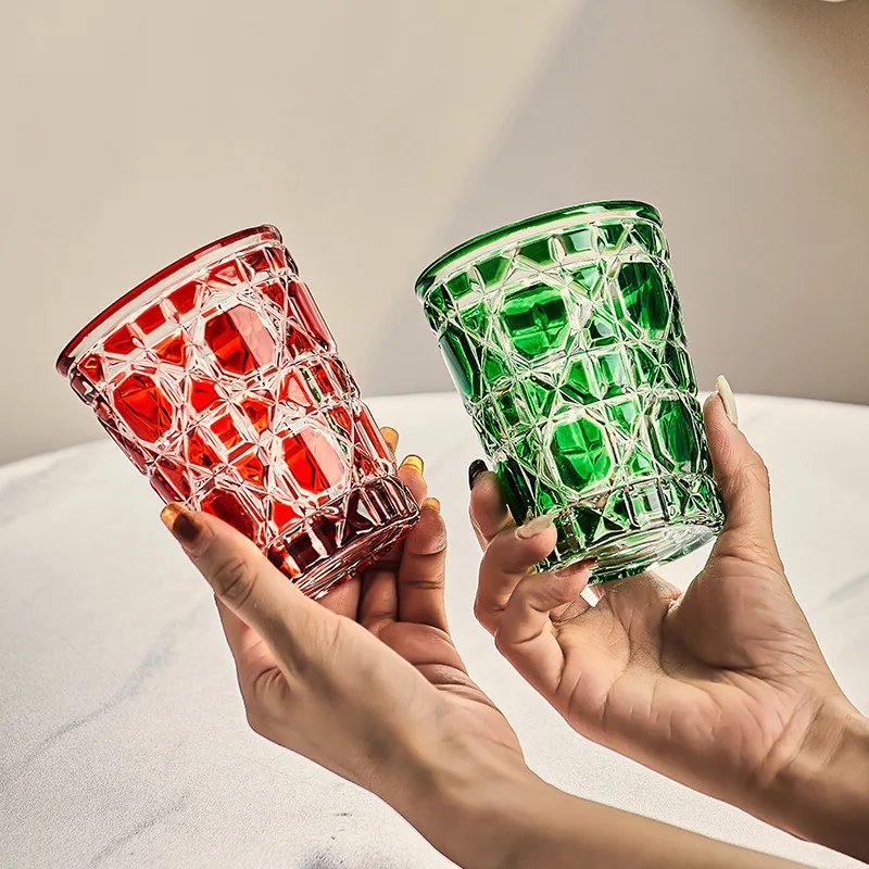 310ml Creative European Style Colorful Checkered Hand-carved Heavy Thick Bottom Whiskey Bourbon Spirits Water Glass Tumbler Cup