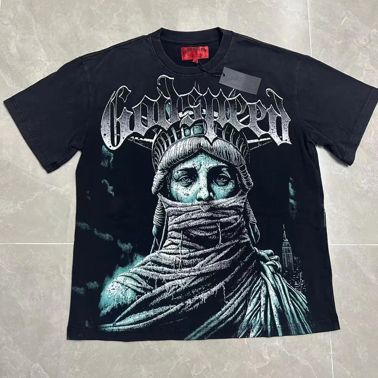 Godspeed American Trendy Brand Masked Statue Print T-Shirt Washed Vintage Pure Cotton Loose Short Sleeve Street Style Citywal...