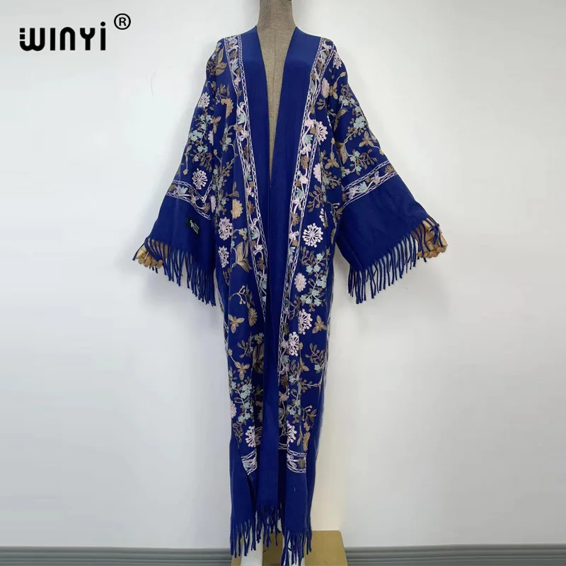 

WINYI Winter Women tassel Pashmina Embroidery Long Coat Loose Lapel kaftan Thick Warm 2022 fashion Middle East Female KIMONO