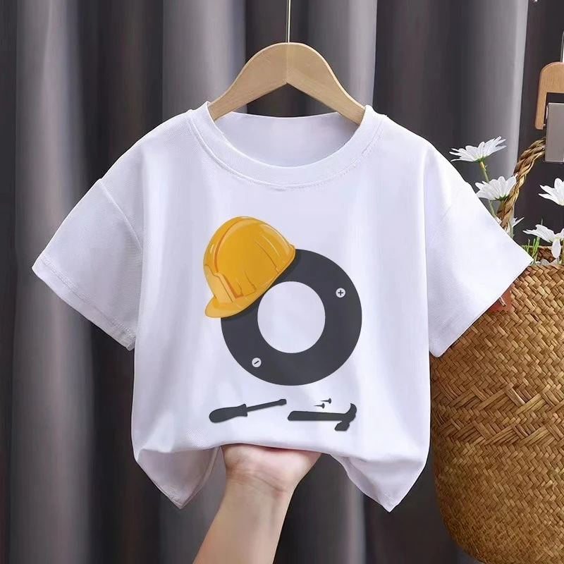 Letter A-U Kids Boys T-shirts Baby Short Sleeve Excavator Tops Children Fashion Tshirt  Boy Construction Shirts