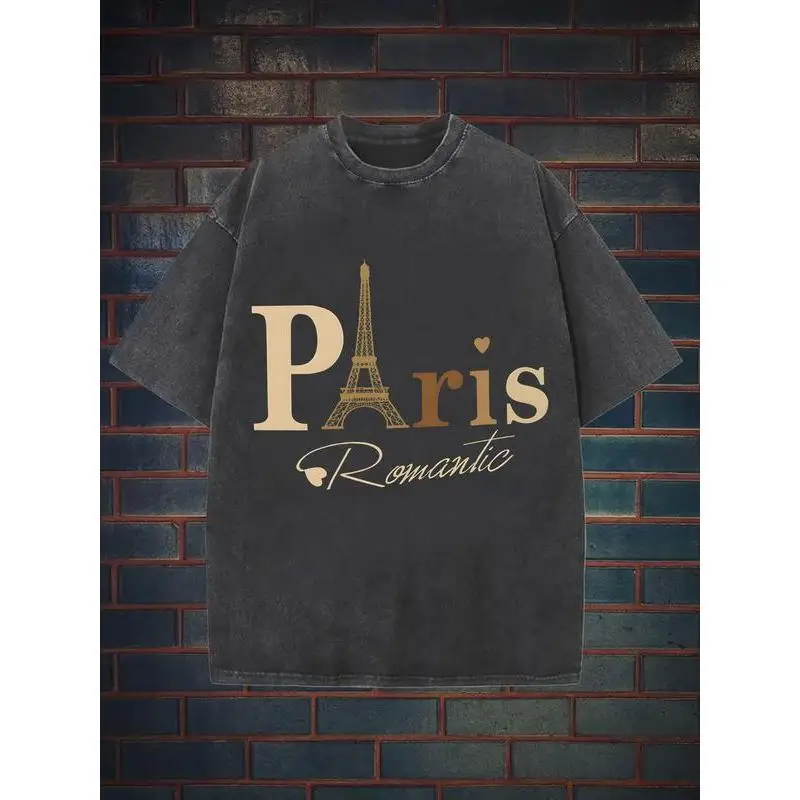 

Vintage Washed "Paris Romantic" T-Shirt,Eiffel Tower Graphic Tee,French Vacation Travel Souvenir,Retro Oversized Men & Women Top