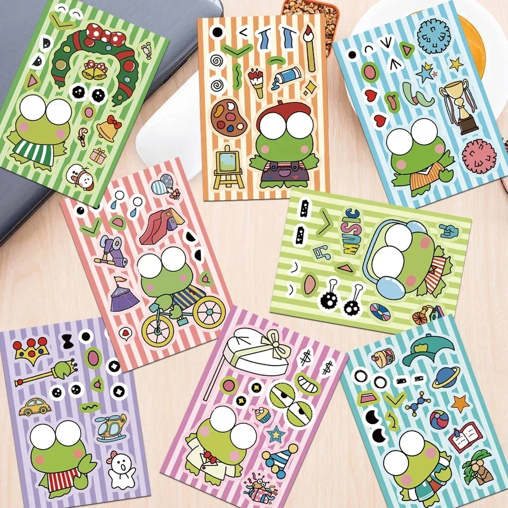 8/16 hojas de pegatinas de rompecabezas Kero Keroppi, diversión para niños, juguete de animales DIY, pegatina de rana de dibujos animados para montar en la cara ﻿