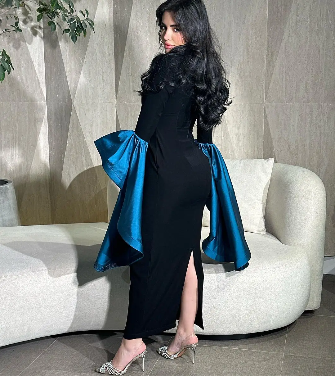 Customized Long Sleeves O-Neck Evening Dresses Mermaid Pleated Beadings Ankle Length Back Zipper Party Dresses