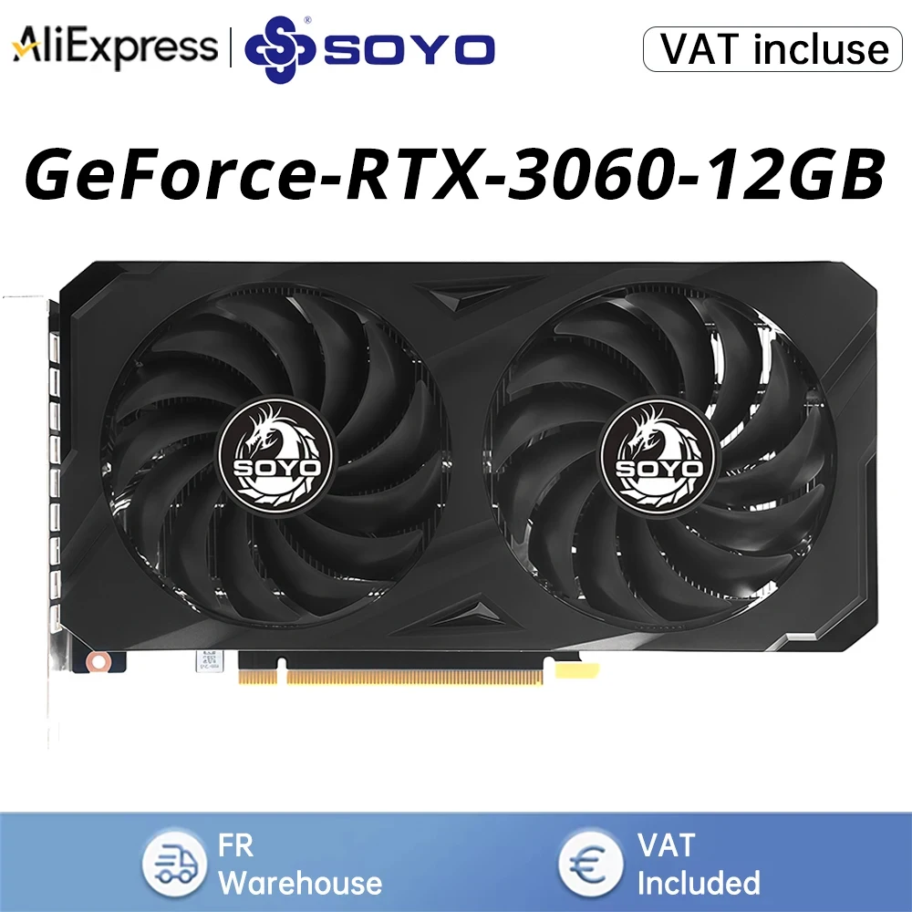 Carte graphique SOYO RTX 3060 12GB GDDR6 192Bit PCI Express 4.0 ×16 8Pin NVIDIA GPU Rtx 3060 Carte vidéo de jeu GPU de bureau