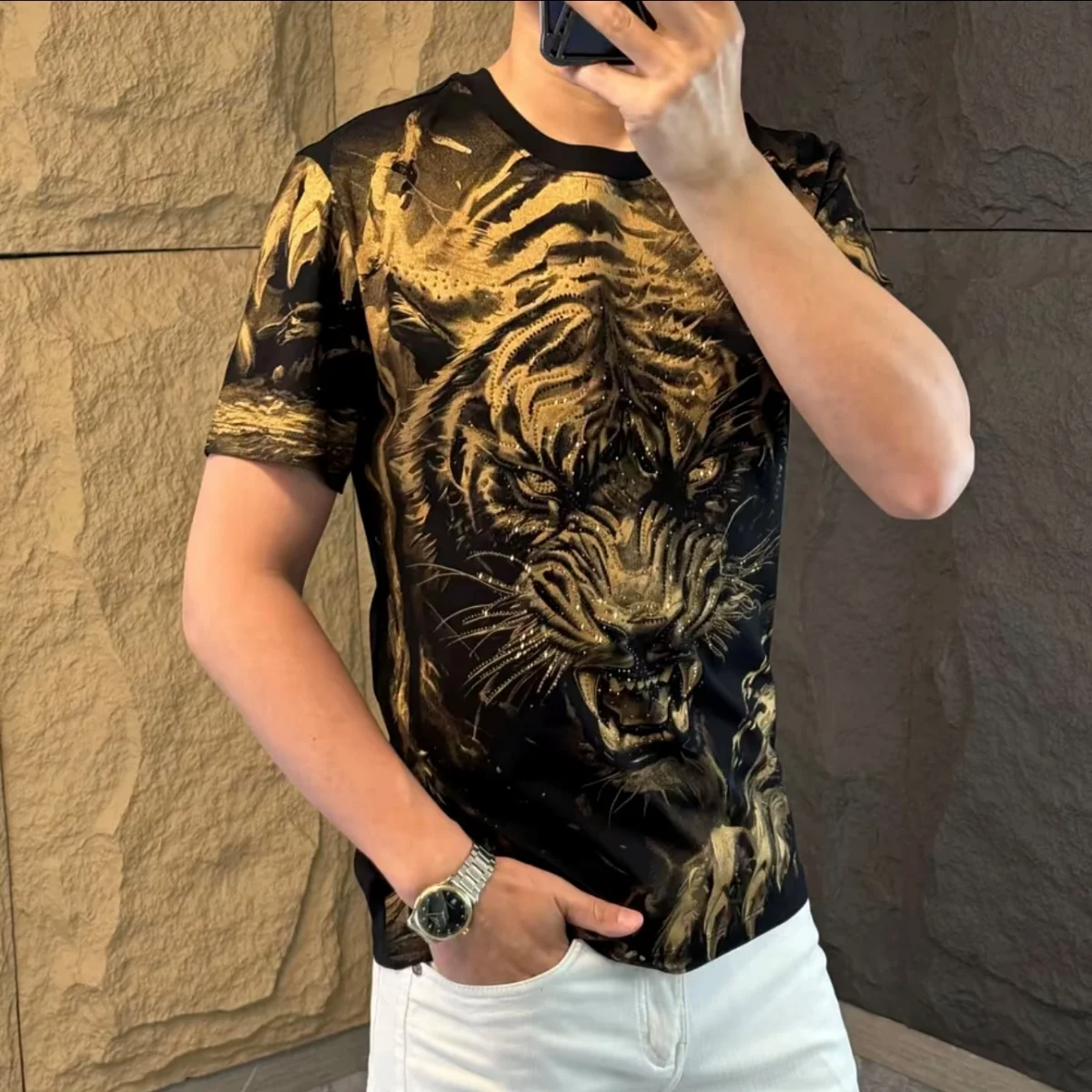 Summer New Fashion Trend Round Neck Short Sleeve T-Shirt Printed Heavy Embroidery Rhinestone Casual Comfortable Half Sleeve Top