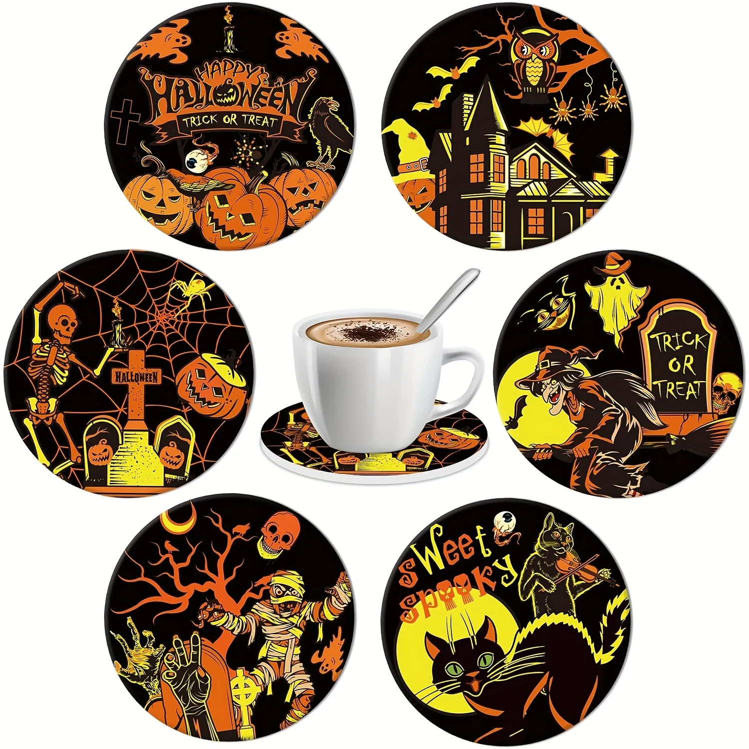2D Vintage Gothic Halloween Elements Wooden Coaster Creative Tabletop Protection Coffee Shops Offices Home Party Seasonal Decor