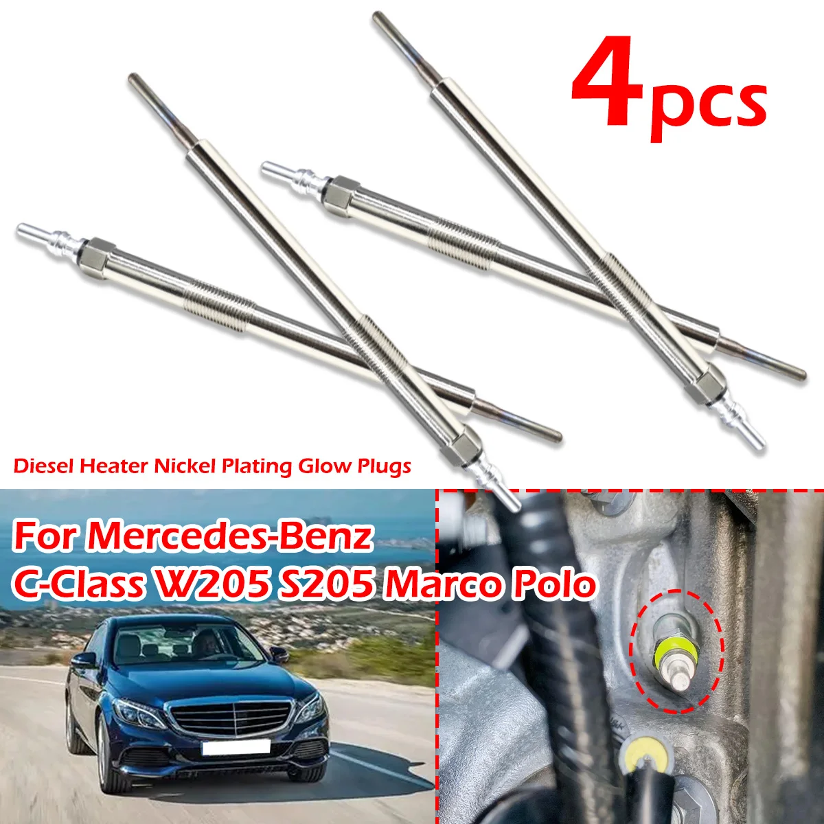 

4PC/kit For Mercedes-Benz C-Class W205 S205 Marco Polo Diesel Heater Nickel Plating Glow Plugs 4.5V Car Replacement 6221590001
