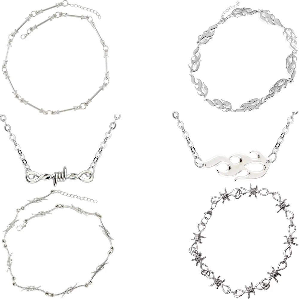Punk Barbed Wire & Flame Pendant Jewelry Gothic Thorns Choker Necklace Bracelet, Hip Hop Unisex Thorn Chain Jewelry Gift