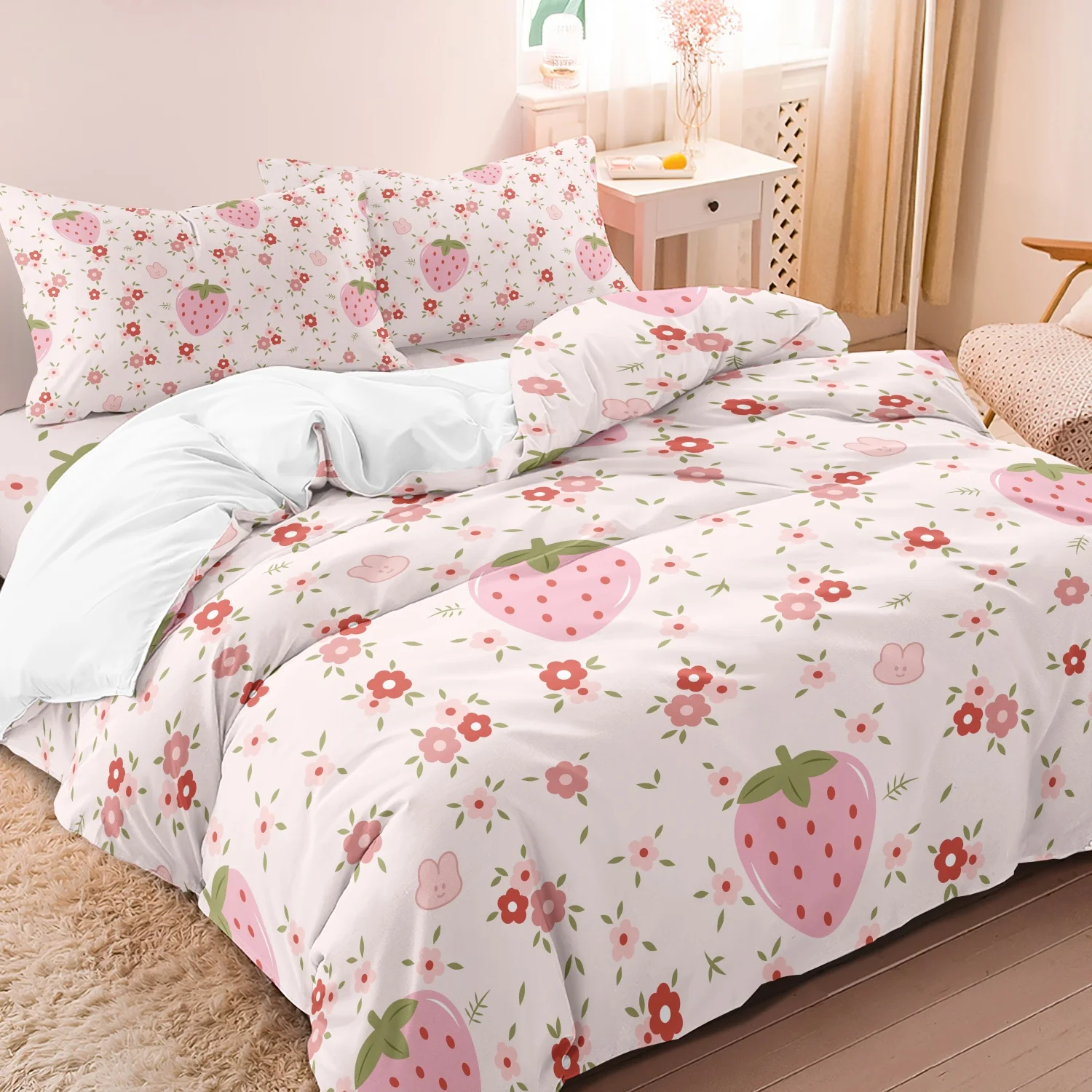 3pcs Set Cartoon Cute Pink White Heart Strawberry Duvet Cover Set - Sweet Floral Fruit Design For Girls Festival Birthday Gifts