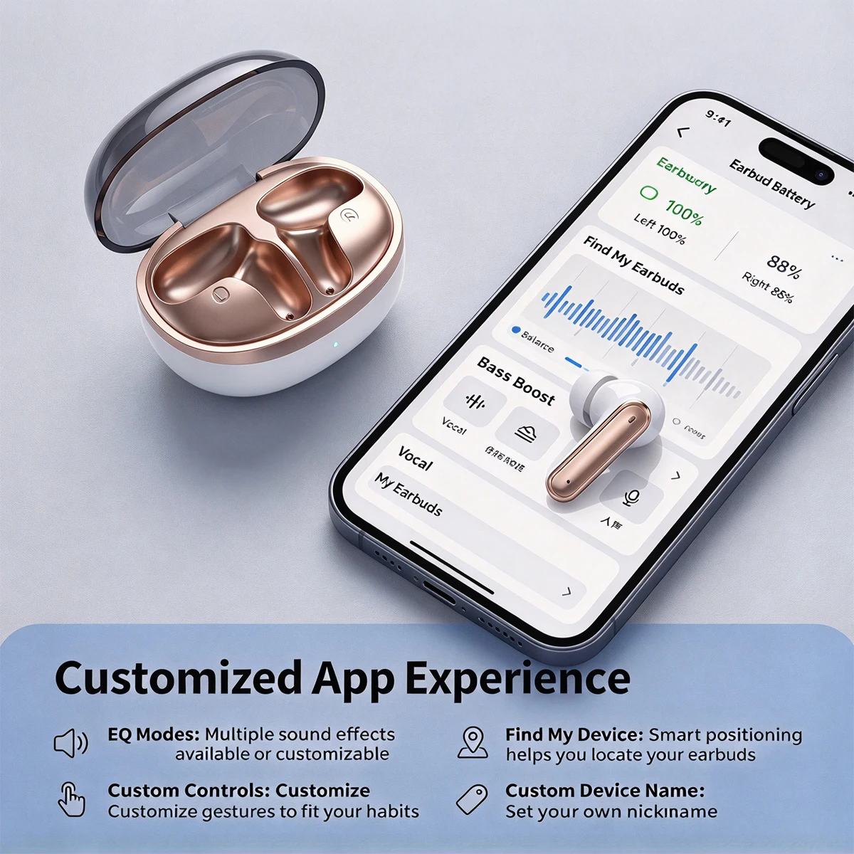 U55-Wireless Bluetooth Earbuds, Stereo Sound Bluetooth Headphones with Transparent Charging Case, Long Battery Life Earphones