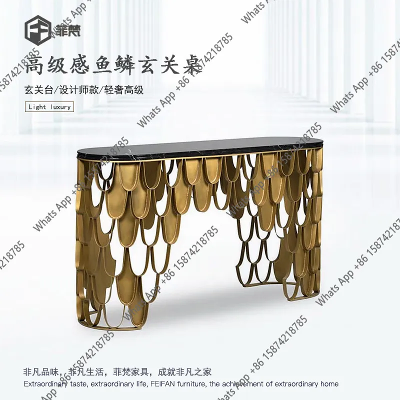 Italian light luxury high-end entrance table, villa luxury designer style, artistic entrance hall, fish scale entrance platform
