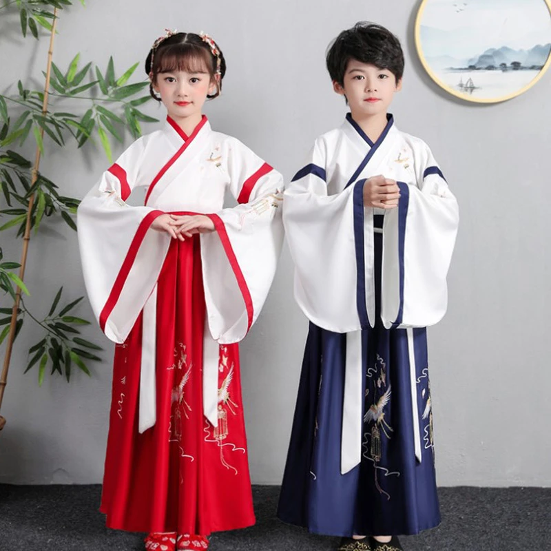 Chinese Tang Costume Boys Costume Hanfu Girls Long Skirt Exquisite Crane Embroidered Wide Sleeve Long Skirt Children's Costume