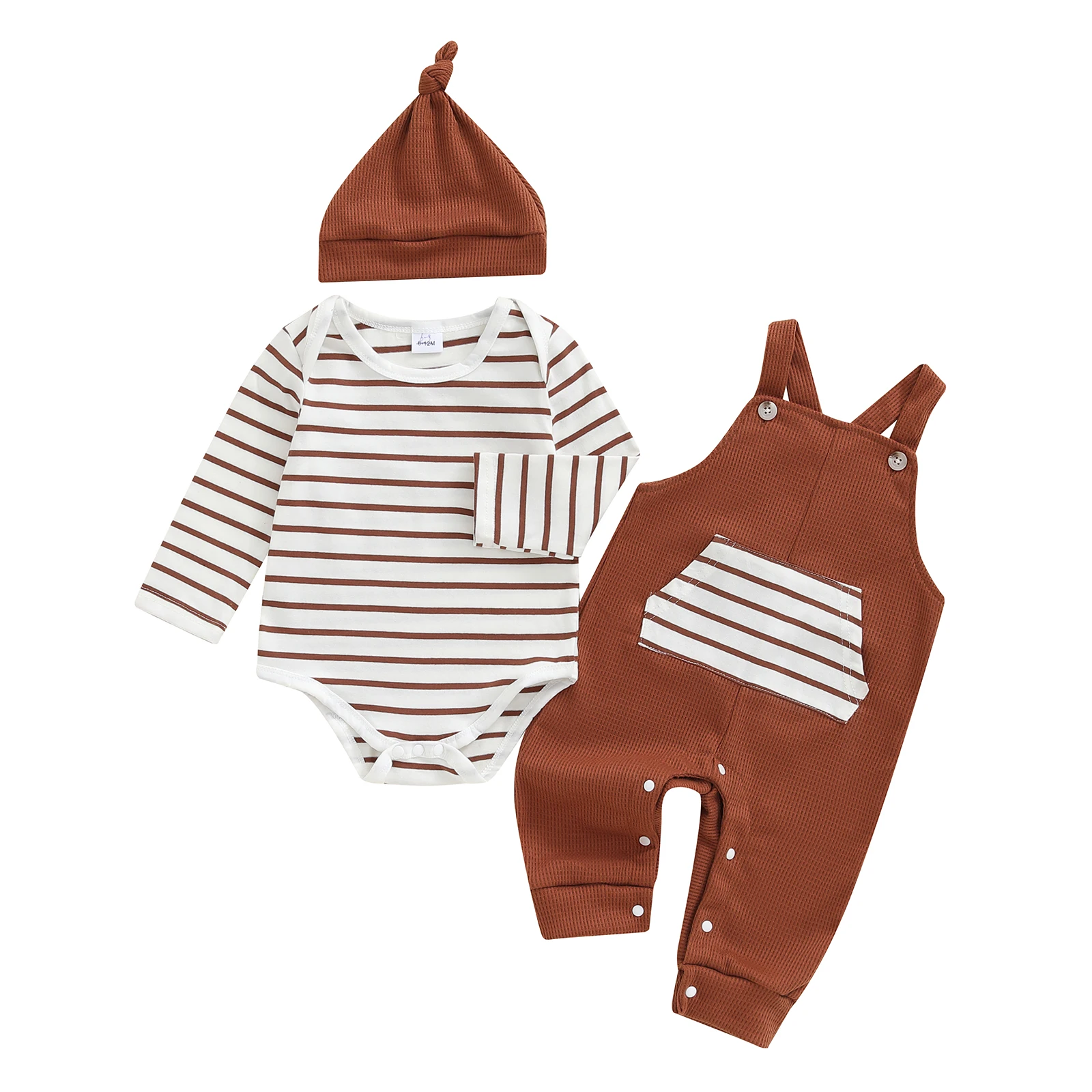 

Baby Boy s Clothing Sets Fashionable Long Sleeve Striped Romper with Overalls and Hat 3Pcs Fall Outfits