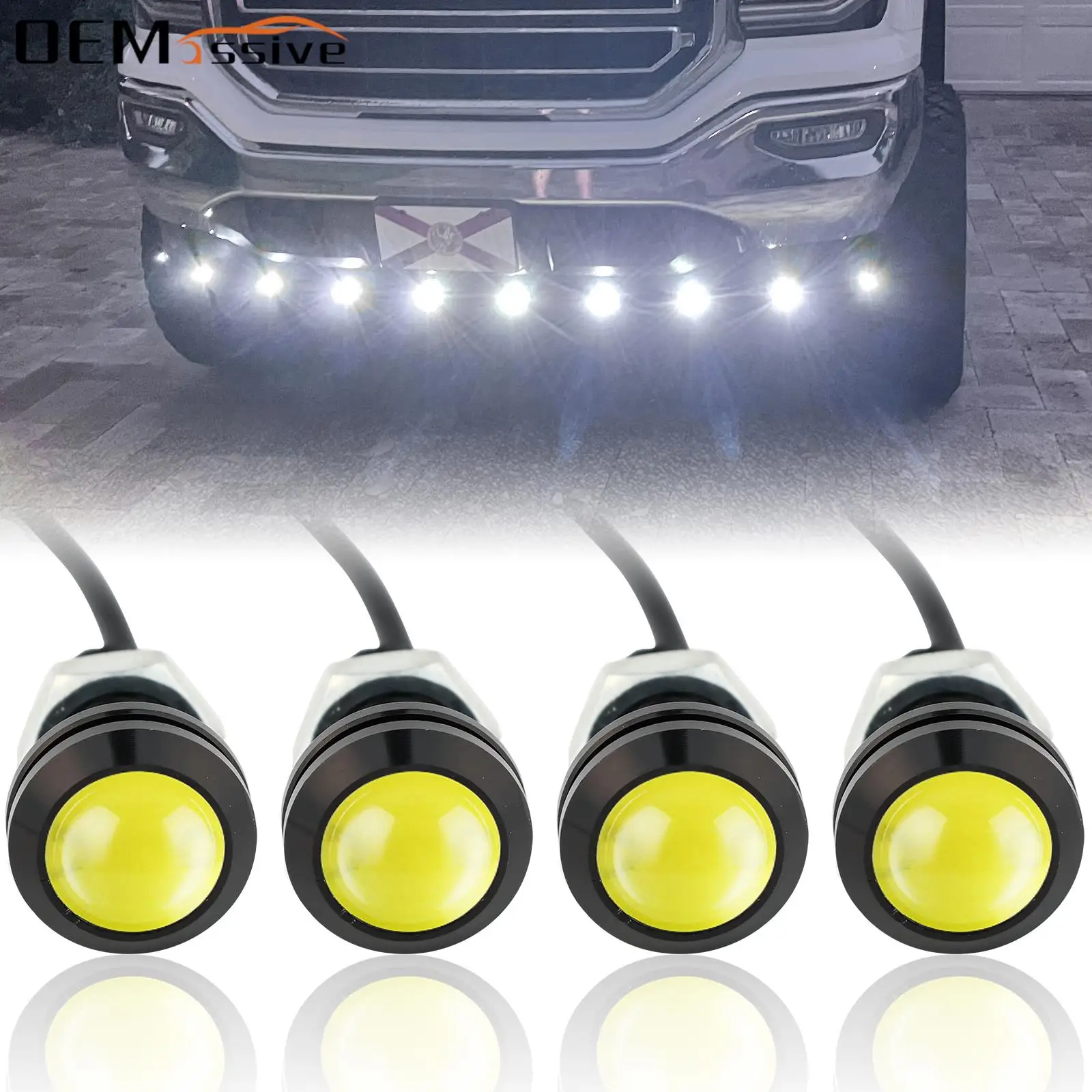 4Pcs 18mm Front Grille LED Eagle Eye Light DRL Car Reverse Backup Parking Fog Bulbs Auto License Plate Lamps 12V Car Motorcycle