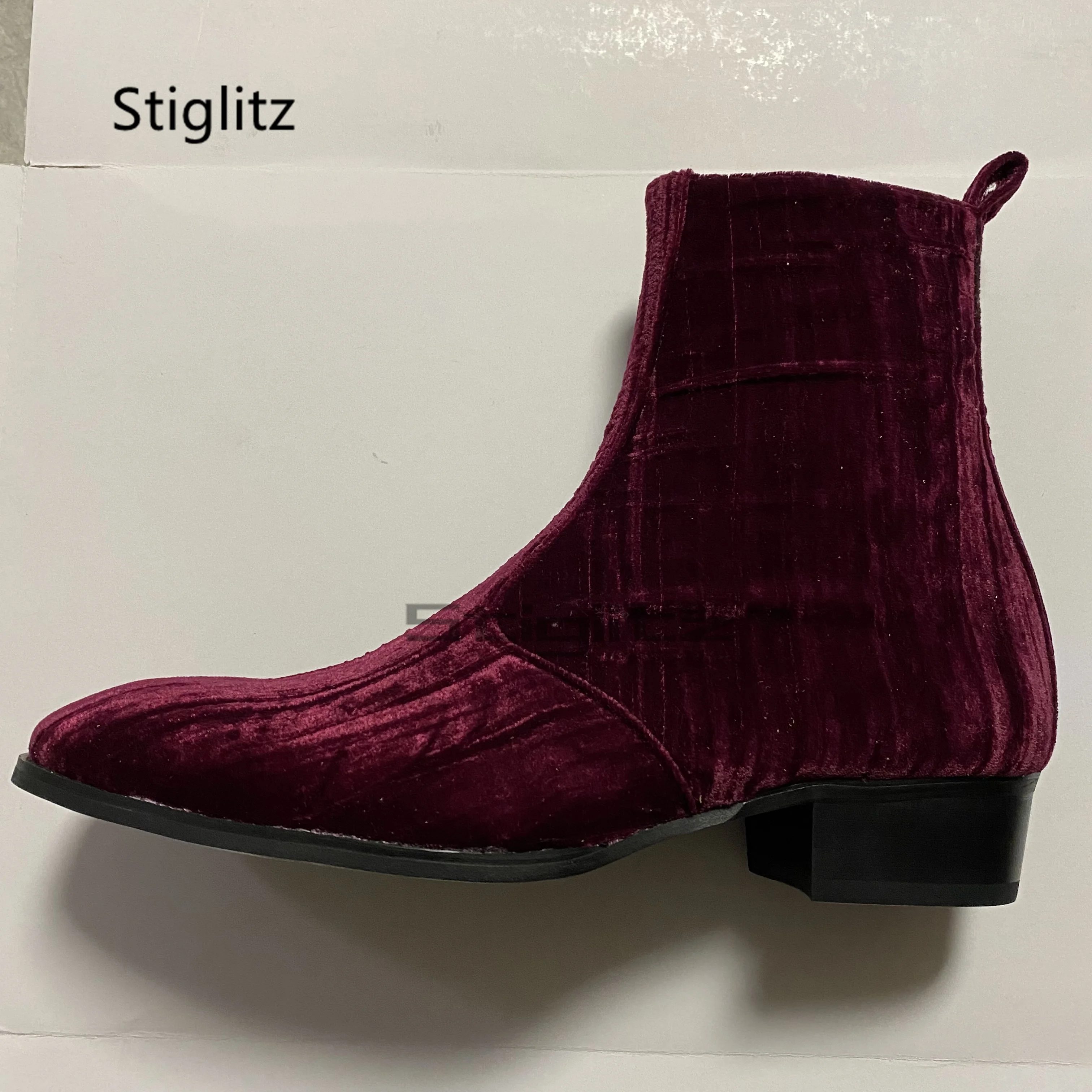 أحذية تشيلسي المخملية باللون العنابي للرجال مدببة بسحاب جانبي لزيادة الارتفاع أحذية زفاف عصرية مصنوعة يدويًا من جلد الغزال البريطاني #3