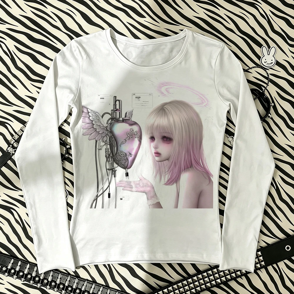 Cyber Angel Mechanical Heart Gothic Print Women Long Sleeve Top Crew Neck Slim Fairy Grunge Y2K Dark Alt Harajuku Fitted Tee