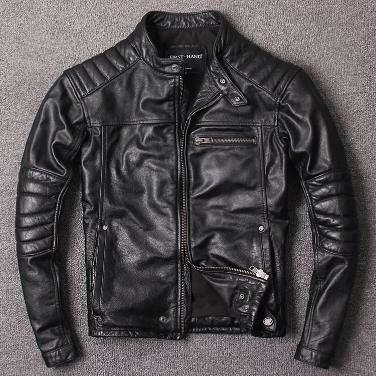 

Free shipping.Vintage style mens cowhide clothes,quality biker leather Jacket,fashion black genuine Leather coat.homme slim,