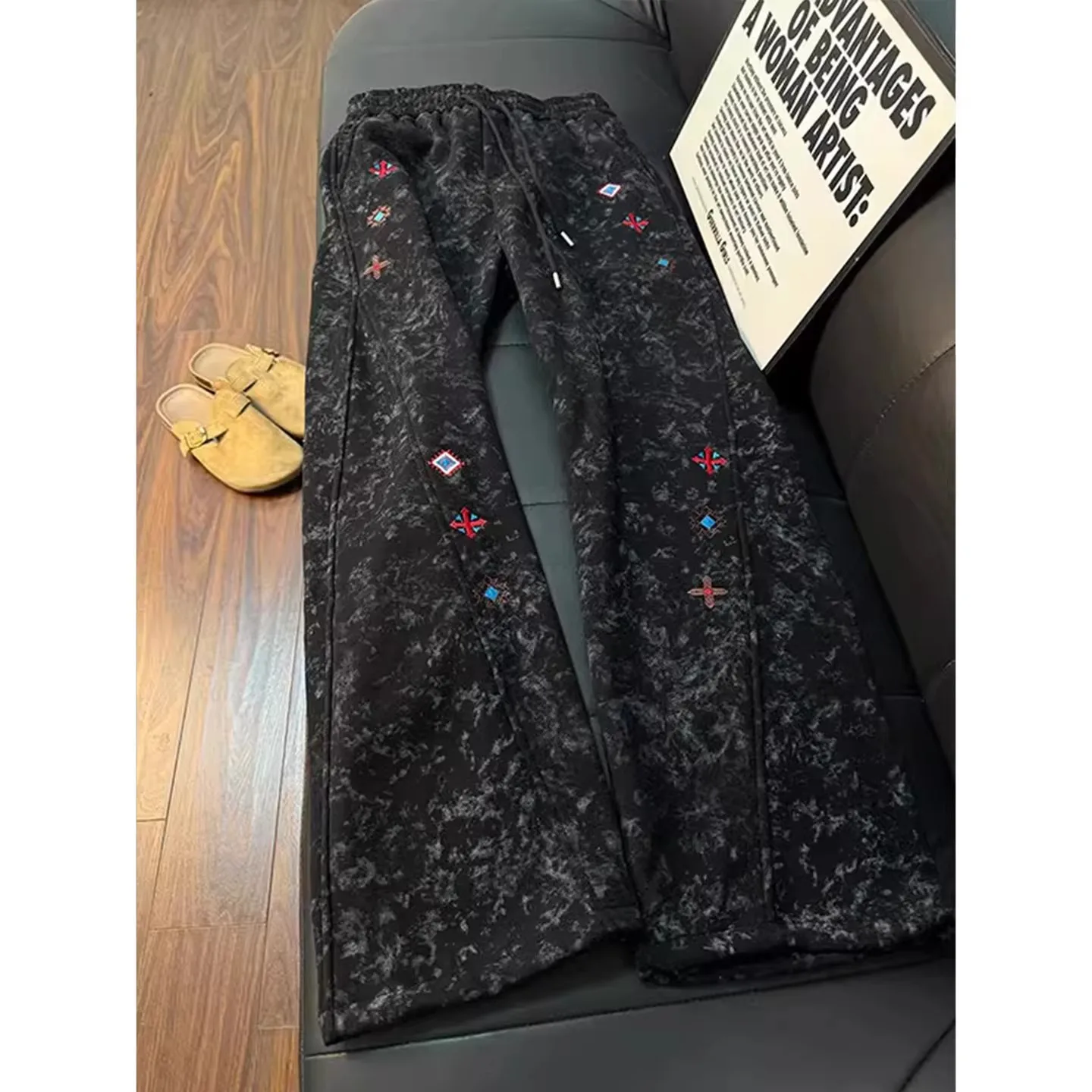 American Style Heavy Embroidery Tie Dye Men's Straight Leg Casual Sports Pants Black Color Leisure Fashion Trend Brand