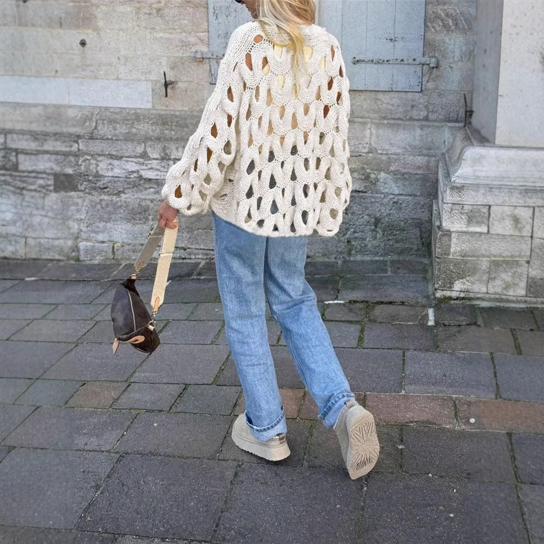 Otoño casual suéter pulóver mujer elegante cuello redondo manga larga blusa suelta 2025 moda de invierno Crochet ahueca hacia fuera Tops de punto