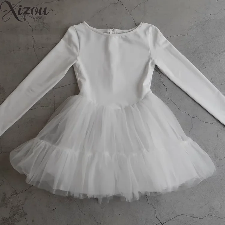 

Long Sleeve Elegant Dresses for Women Japanese Korean Style Short Splicing Crew Neck Casual Dress Femme Spring Summer