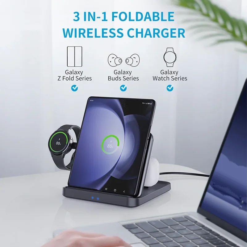 حامل شاحن لاسلكي قابل للطي لساعة سامسونج جالاكسي ، محطة شحن سريعة ، Z Fold 5 ، 4 Flip ، S23 ، S21 ، 3 في 1 ، Buds2