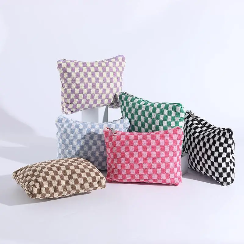 Checkerboard Knitted Makeup Bag Female Cosmetic Bags Women Large Capacity Make Up Organizer Bag Washing Bag Travel Organizer