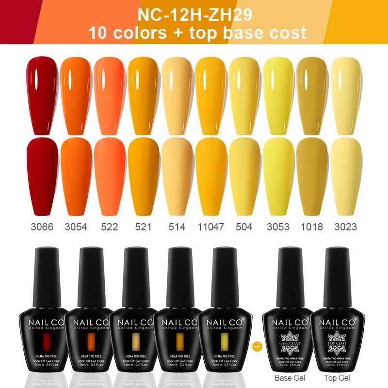 NAILCO Gel Nail Polish 12Pcs/Set Soak Off UV LED Nail Varnish 10 Colors&Top Base Coat Kit Semi Permanent Nail Gel Manicure DIY