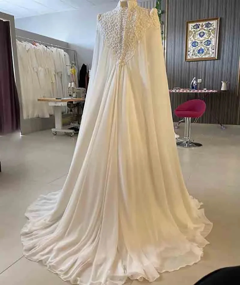 Muslim Chiffon A-Line Wedding Dress With Long Wrap High Collar Long Sleeves Elegant White Wedding Gown For Women Customized