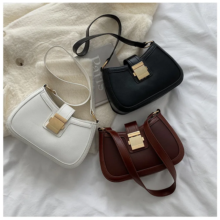 Vintage Trendy Ladies Underarm Shoulder Bag Solid Color Lacquer PU Leather Handbag Women Fashion Brand Simple Female Chain Purse