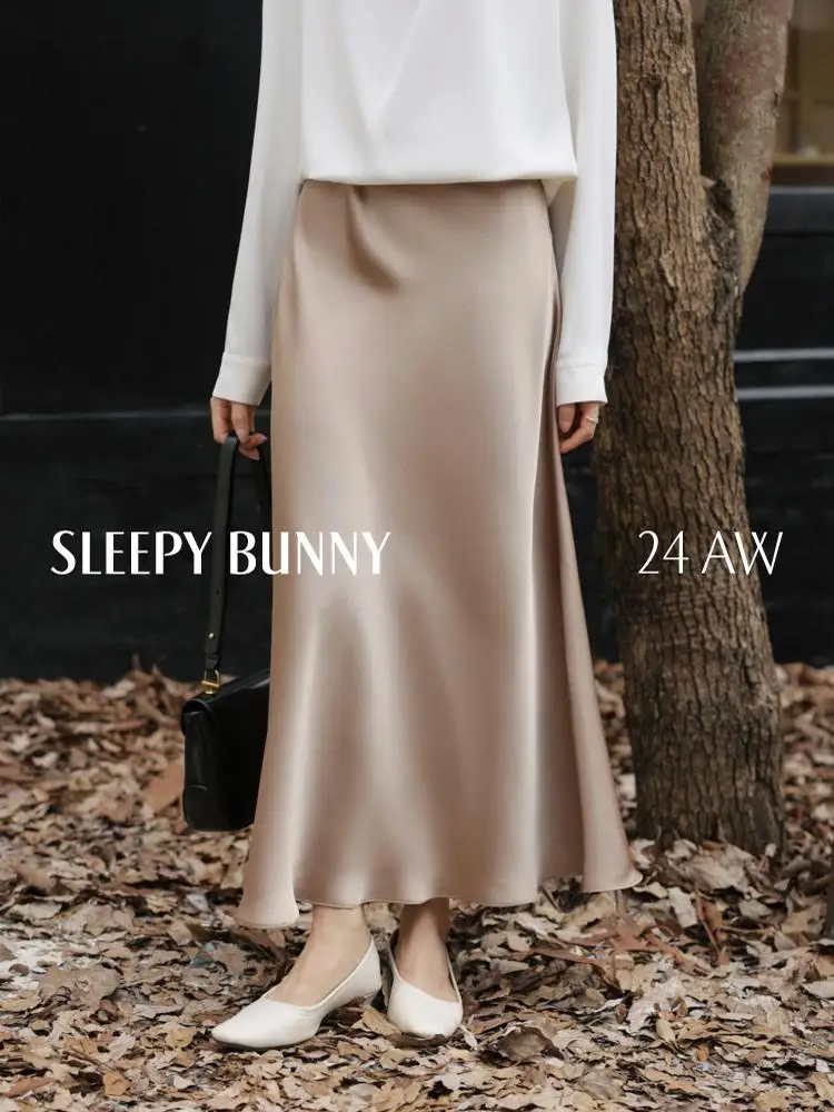 French Satin Midi Skirt for Women – Champagne A-Line Skirt with Side Slit, High Waist, Elegant Mermaid Hem, Fall Winter Outfit