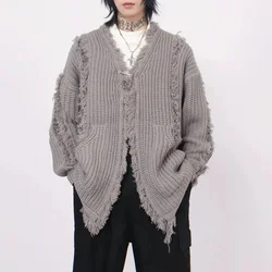 Y2k Mens Sweater Irregular Tassel Design Knitted Jacket Autumn Casual Versatile Atmosphere Solid Color Top Men's Clothing Unisex