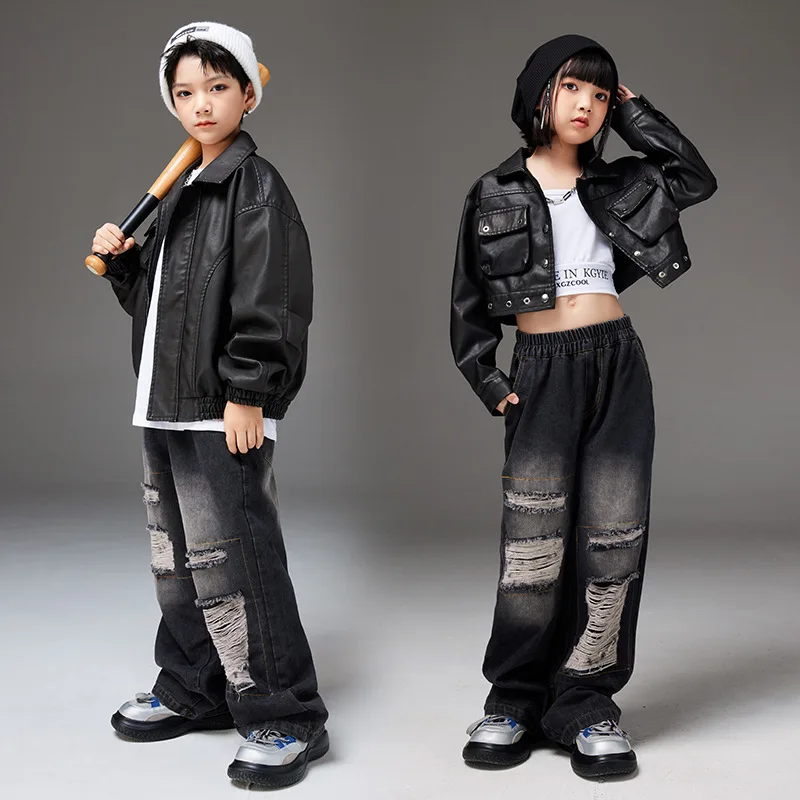 

Boys Girls Streetwear Loose Leather Motorcycle Jacket Wide Leg Holes Denim Jeans Pants Sets Kids Suits