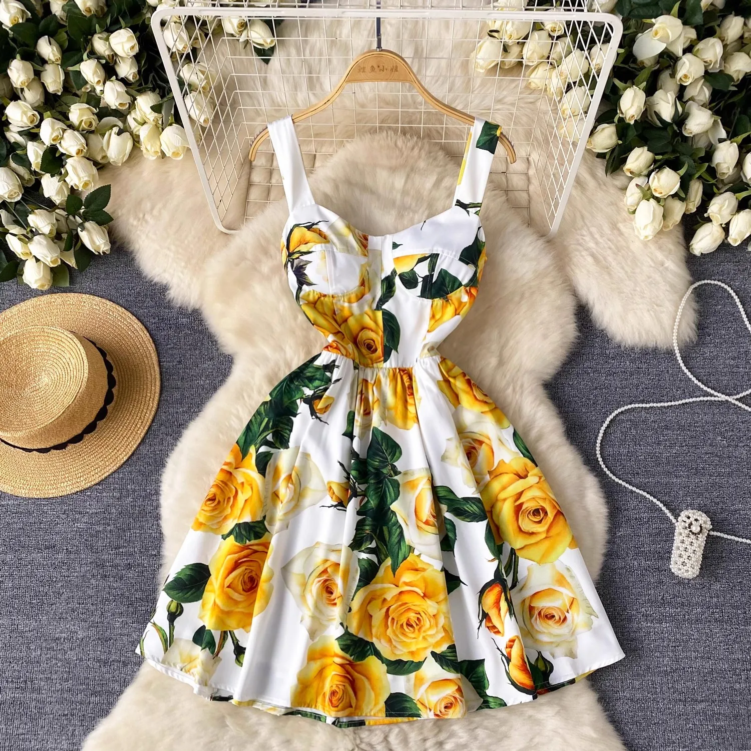 summer Holiday Flower Mini Dress for Women Spaghetti Strap V-Neck Backless High Waist Floral Print Beach Short Vestidos 634