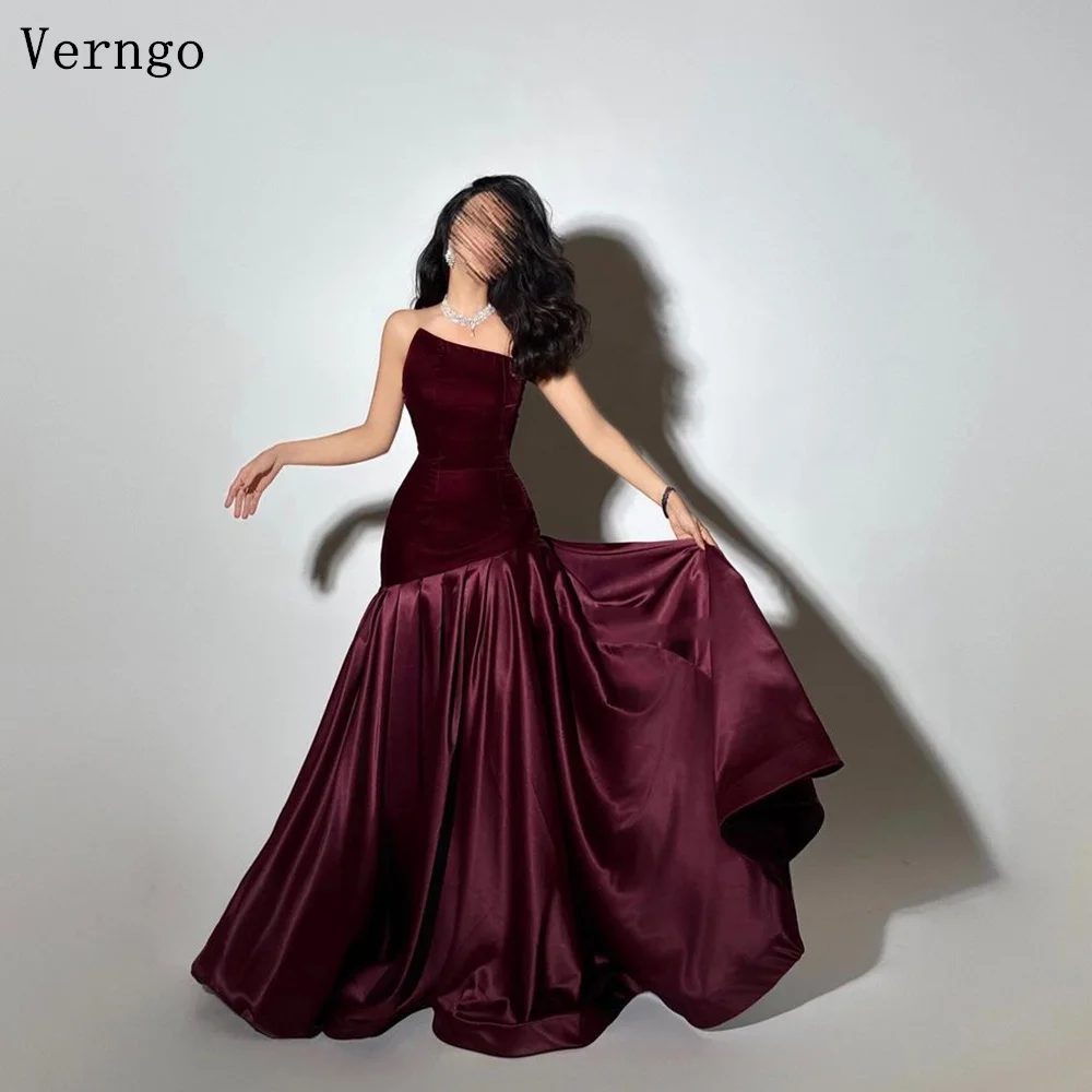 Verngo Burgundy Satin Evening Dress Strapless A Line Formal Saudi Arabic Prom Party Dress Elegant Family Prom Gown Customized