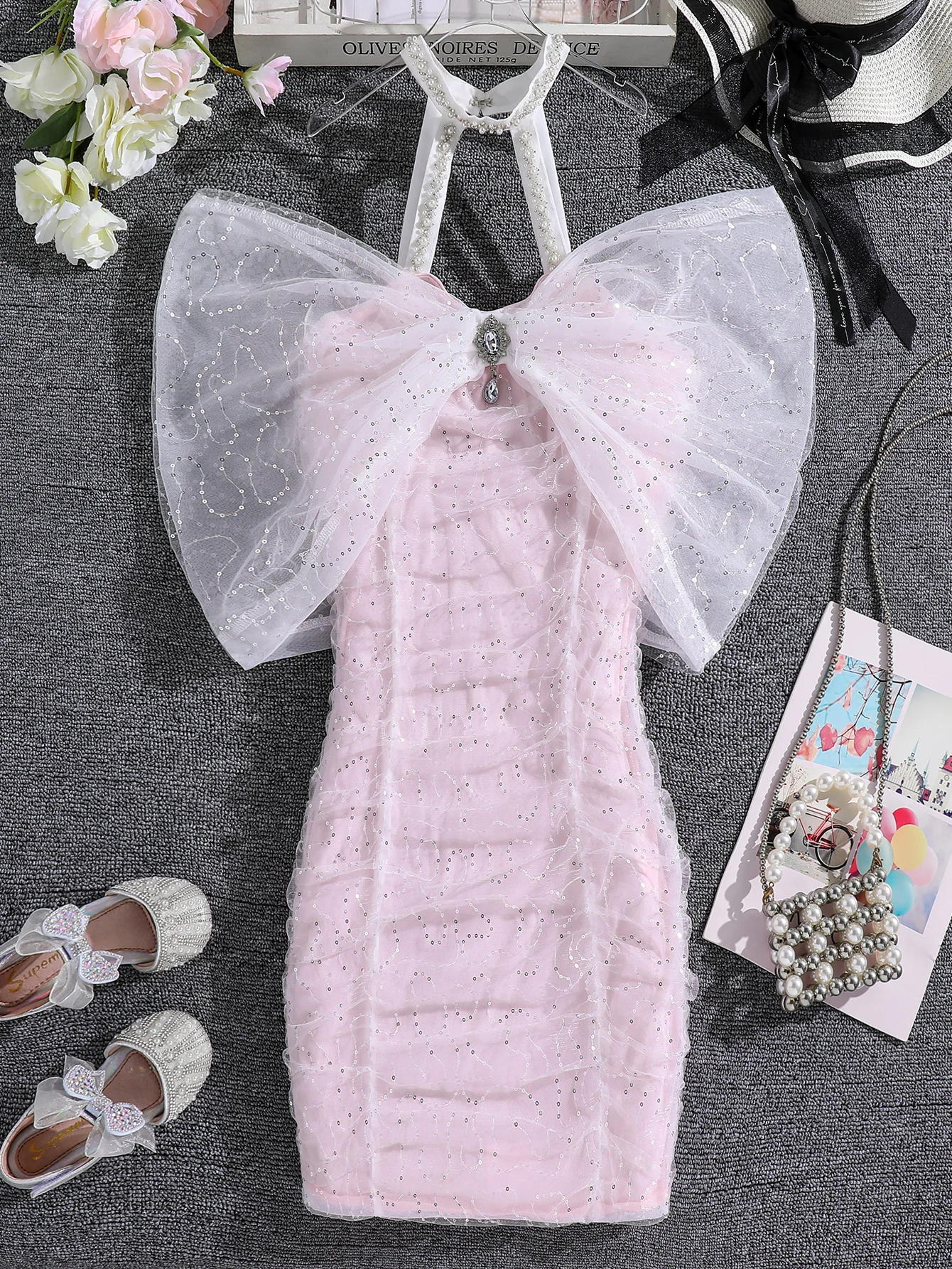 

Elegant French Mesh Party For Teenagers High-End Slim Fit Temperament Sequin Studded Diamond Hanging Neck Dress