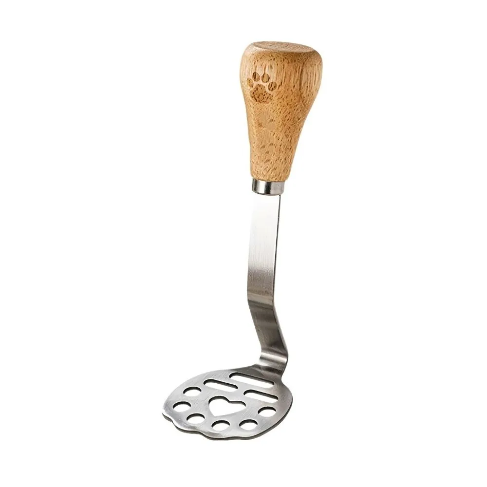 Stainless Steel Head Potato Masher Wooden Handle Hole Punched Plate Vegetable Presser Curved Shaft Ergonomic Grip Fruit Crusher