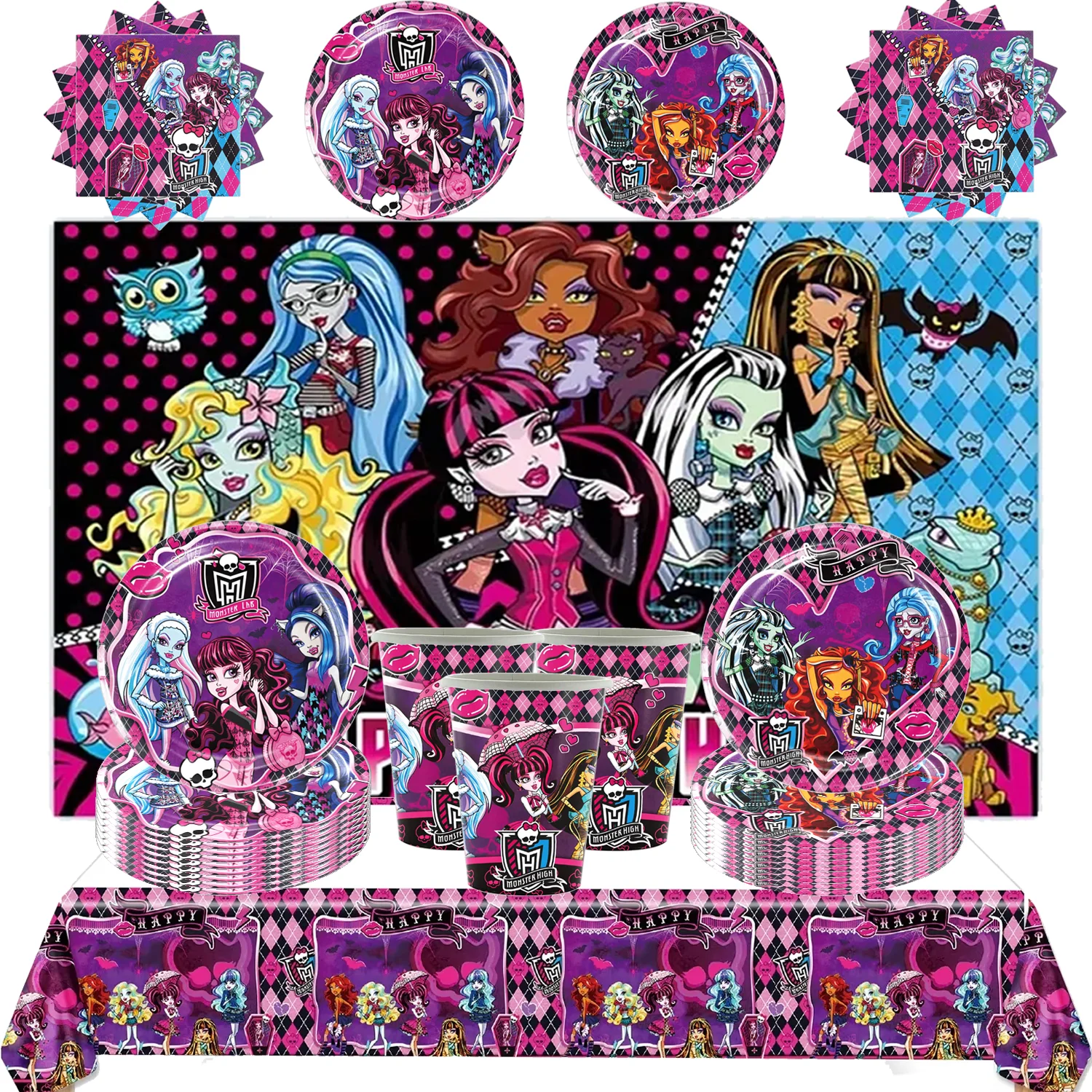 Monster Doll Spirit High School Decorazione per feste di compleanno Forniture per feste Set di stoviglie usa e getta Tovaglia a palloncino Baby Shower