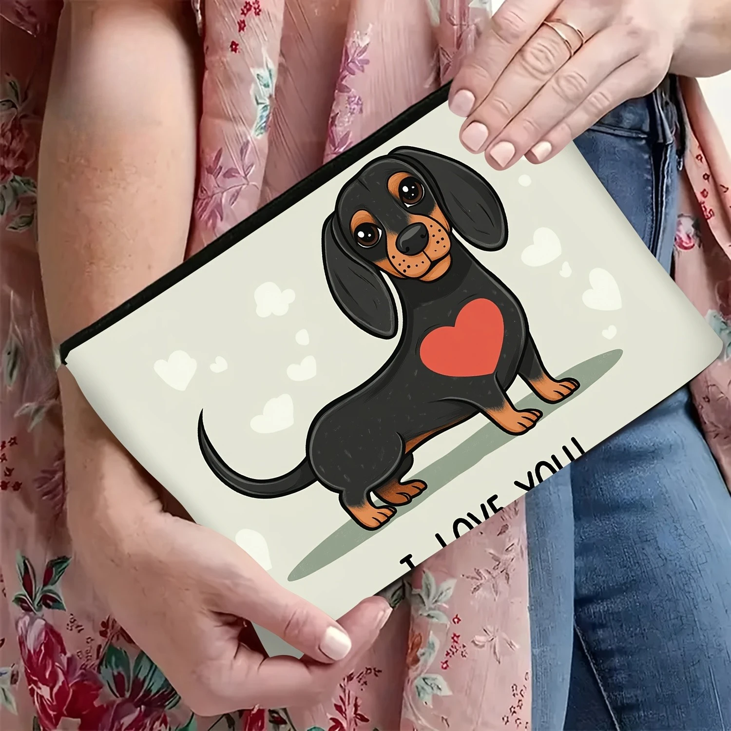 

Dachshund "I LOVE YOU" Red Heart Design Durable Polyester Zippered Pouch - Multi-Use Travel Organizer for Cosmetics