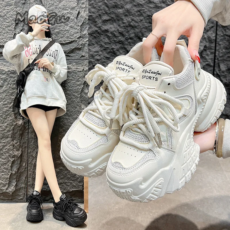 

Кроссовки на массивном каблуке, лето 2021, новый стиль, повседневная модная спортивная обувь на толстой подошве, увеличивающая рост, на шнуровке, черный, бежевый