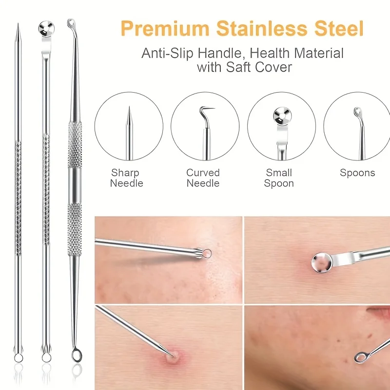 6 قطع من مشابك الخلايا المصنوعة من الفولاذ المقاوم للصدأ لإزالة الرؤوس السوداء وحب الشباب واللحية القصيرة، مناسبة لجميع أنواع البشرة.