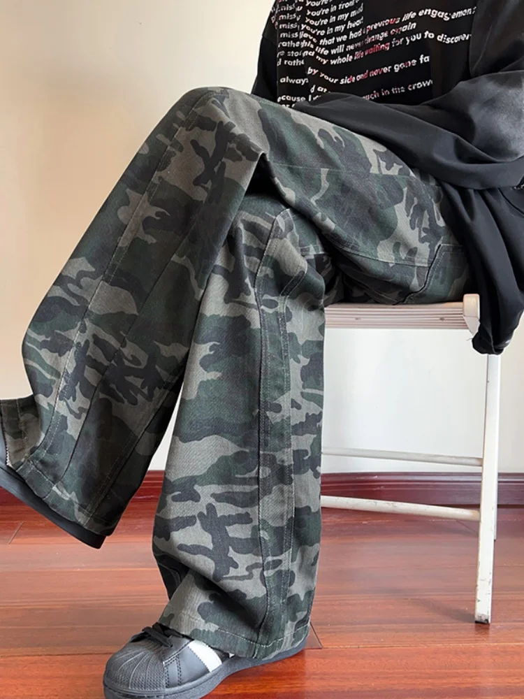 

American Sle Vintage Camouflage Loose Straight Leg Jeans Men's Spring Autumn Trendy Brand Long Pants Dra Micro Flared