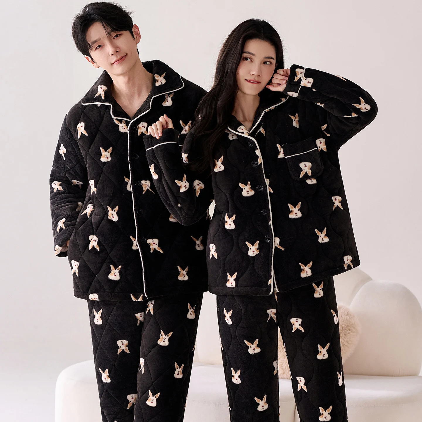 High Quality Couple Pajamas Set Winter 3 Layer Clip Cotton Pyjamas Lovers Thick Warm Home Clothing
