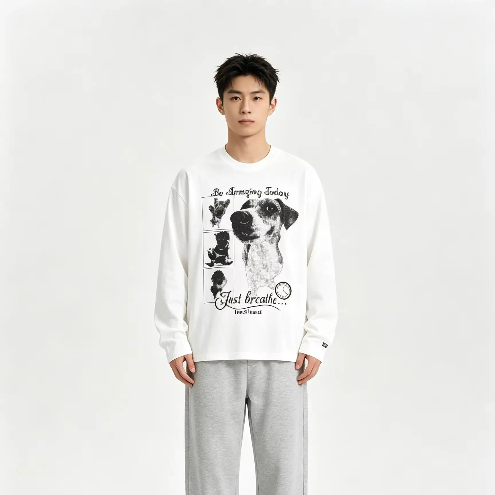 Vintage Dog Photo Letter Graphic Long Sleeve T Shirt Unisex Loose Casual Thin Pullover Streetwear Top