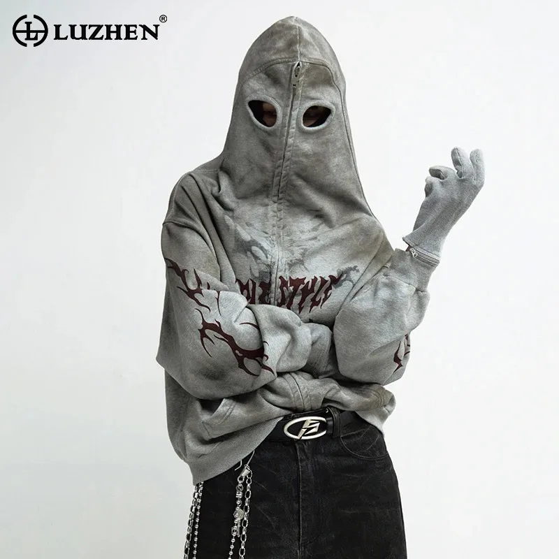 LUZHEN Personalized Detachable Mitten Wornout Loose Jackets Coats Street Printed Design Sweatshirts Hoodies American Male LZ6267